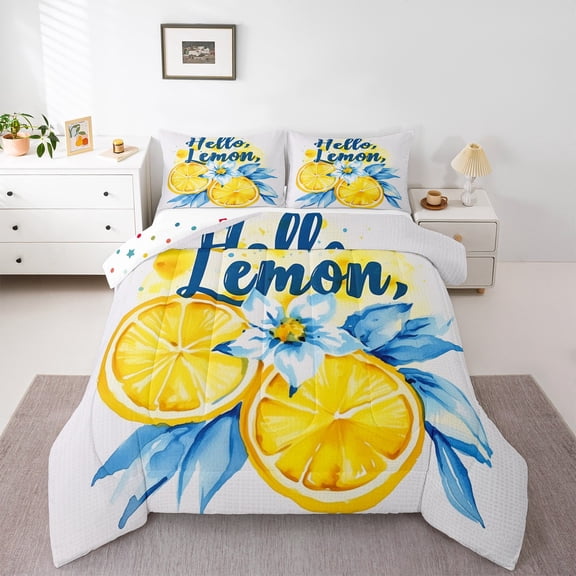 Manfei Lemon Print Bedding Comforter Set,Hello Lemon Twin Comforter Sets,Blue Leaves Bedding Set For Girls,Super Cozy Room Decor Reversible,2 Pieces