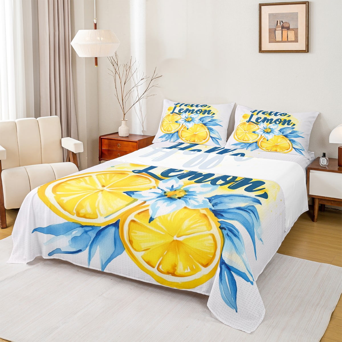 Manfei Lemon Print Twin Sheet Set,Hello Lemon Blue Leaves,Cozy Decor ...