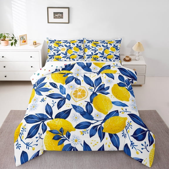 Manfei Lemon Queen Comforter Set,Summer Fruit Bedding Sets,Yellow Blue White Bedding Comforter Set For Teens,Microfiber Bedroom Decor Reversible,3 Pieces