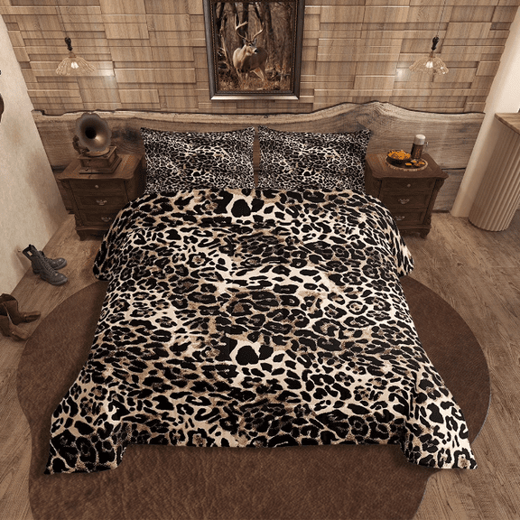 Manfei Leopard Print Comforter Set Queen Size, Cheetah Print Bedding, Black and Brown Bed Set, 3 Pieces (1 Comforter and 2 Pillowcases), Black Reversible