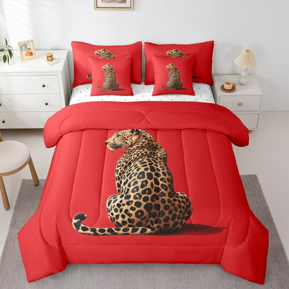 Manfei Leopard Bedding Comforter Set 7 Pieces,Jungle Animal Full Bedding Set,Brown Red Fitted Sheet Flat Sheet For Boys Kids,Breathable Home Decor,Reversible