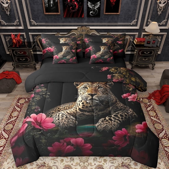 Manfei Leopard Cheetah Lover 7pcs Bedding Comforter Set, Romantic Pink Floral Queen Bedding Sets, Jungle Wildlife Animal Reversible Queen Sheet Sets, Breathable Home Decor