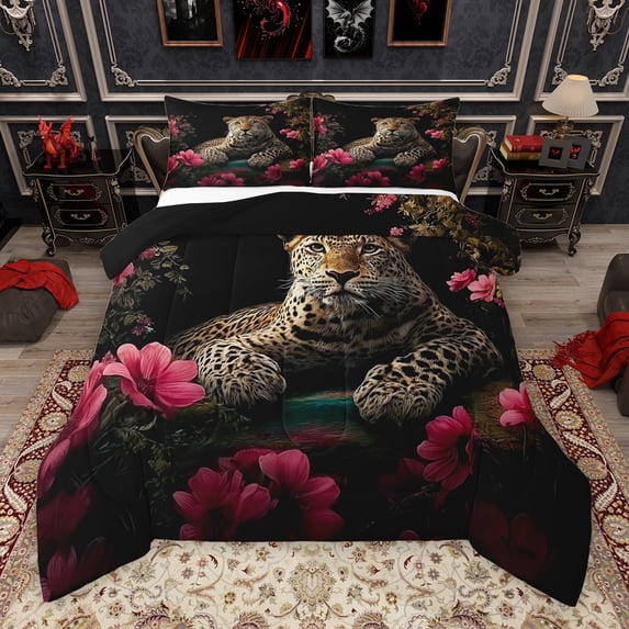 Manfei Leopard Cheetah Lover Bedding Comforter Set, Romantic Pink Floral Twin Comforter Sets, Jungle Wildlife Animal Reversible Bedding Set, Breathable Home Decor, 2 Pieces
