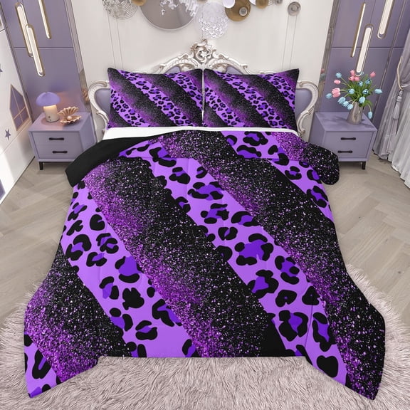 Manfei Leopard Cheetah Print 2pcs Bedding Comforter Set for Teens Girls Boys,Bling Purple Glitter Twin Comforter Sets,Gradient Ombre Breathable Bedding Set,Ultra Soft Home Decor,Reversible