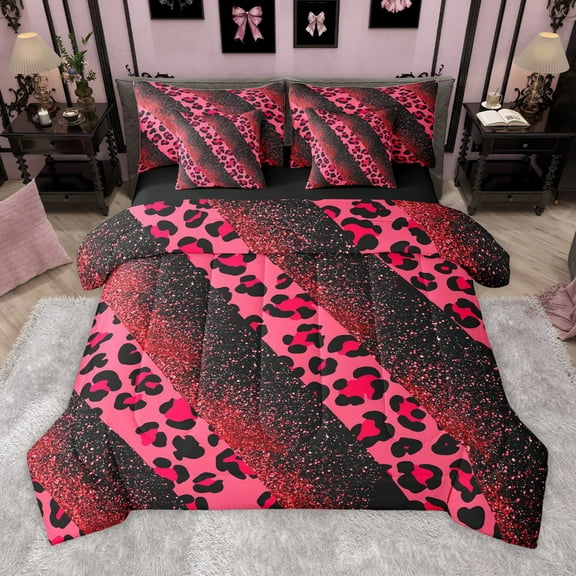 Manfei Leopard Cheetah Print 7-Piece Twin Bedding Sets for Teens Girls Boys,Bling Pink Glitter Bedding Comforter Set,Gradient Ombre Breathable Sheet Sets,Ultra Soft Home Decor,Reversible