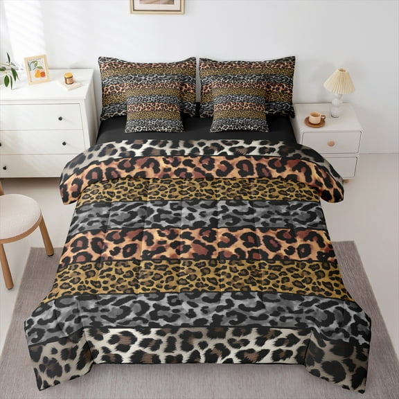 Manfei Leopard Cheetah Print Bedding Comforter Set 7-Piece, Modern Fashion King Bedding Sets, Teens Kids Adult Reversible Bed Sheets, Microfiber Bedroom Decor