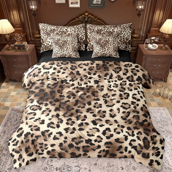 Manfei Leopard Cheetah Print Bedding Comforter Set 7 Pieces for Adult, Brown Polkadots Art Full Bedding Set, Fashion Wildlife Reversible Fitted Sheet Flat Sheet, Luxury Bedroom Decor