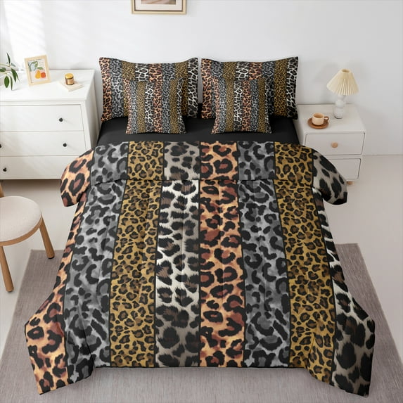 Manfei Leopard Cheetah Print Bedding Comforter Set 7 Pieces, Grey Brown Geometric Abstract Full Bedding Set, Modern Fashion Reversible Fitted Sheet Flat Sheet, Super Cozy Room Decor