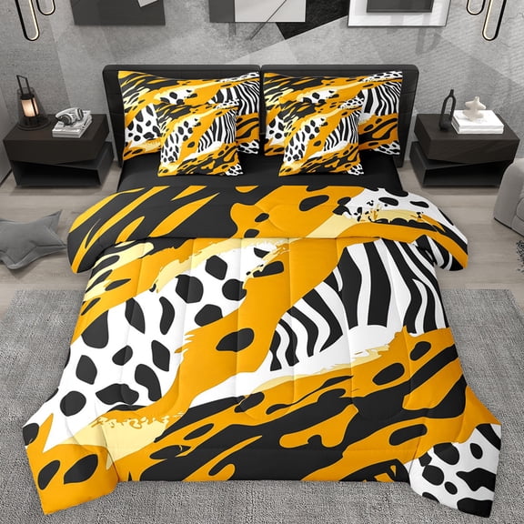 Manfei Leopard Cheetah Print Bedding Comforter Set 7pcs for Adult, Orange Polkadots Art King Bedding Sets, Fashion Wildlife Reversible Bed Sheets, Ultra Soft Bedroom Decor