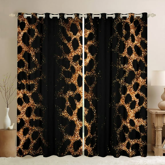 Manfei Leopard Cheetah Print Curtains Pack of 2 (42x84 Each), Black Gold Glitter Curtains Blackout, Modern Fashion Bedroom Curtains, Curtains and Drapes Bedroom Decor