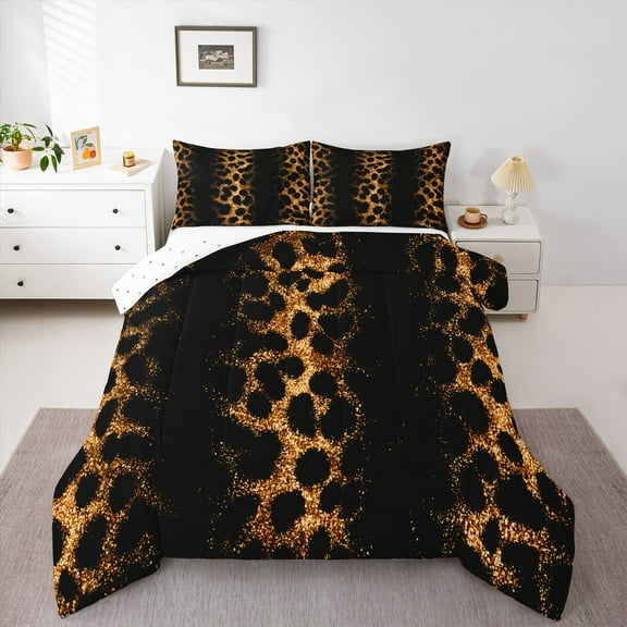 Manfei Leopard Cheetah Print Full Size Comforter Sets, Black Gold Glitter Bedding Comforter Set, Modern Fashion Reversible Bedding Sets, Microfiber Bedroom Decor, 3 Pieces