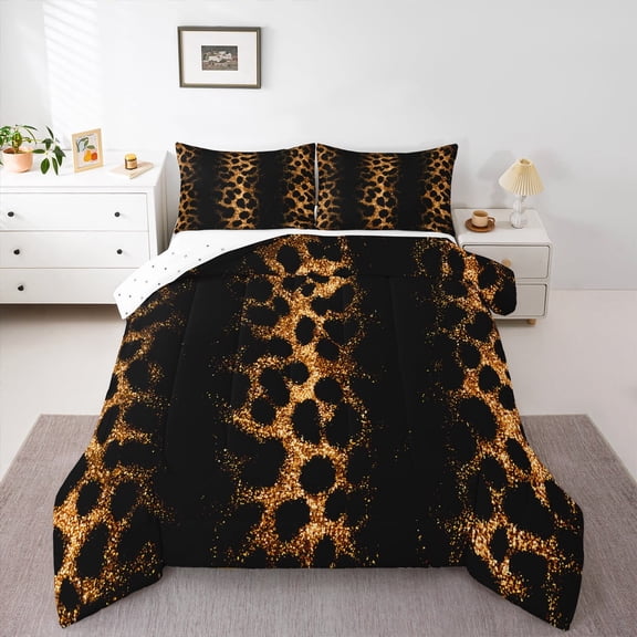 Manfei Leopard Cheetah Print Queen Comforter Set, Black Gold Glitter Bedding Sets, Modern Fashion Reversible Bedding Comforter Set, Microfiber Bedroom Decor, 3 Pieces