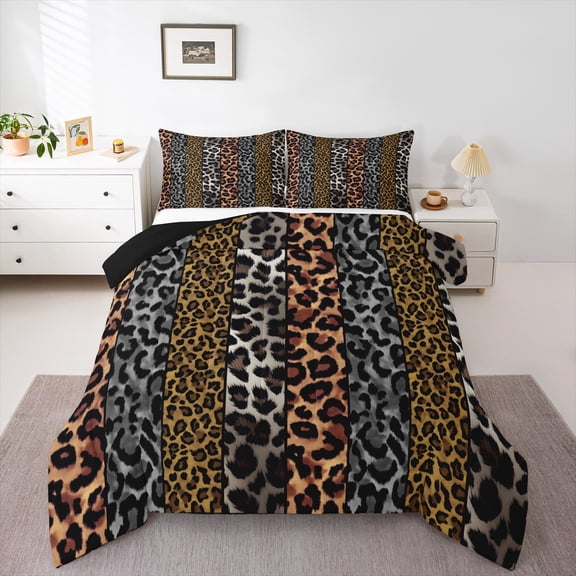 Manfei Leopard Cheetah Print Queen Comforter Set, Grey Brown Geometric Abstract Bedding Comforter Set, Modern Fashion Reversible Bedding Set, Super Cozy Room Decor, 3-Piece