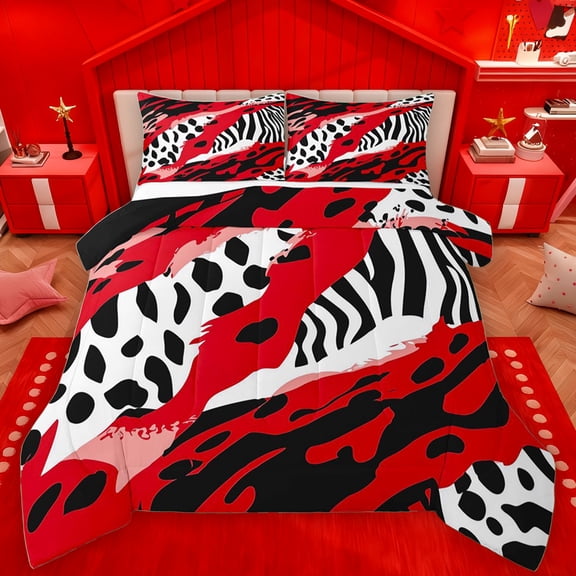 Manfei Leopard Cheetah Print Queen Comforter Set for Kids, Zebra Stripes Bedding Sets, Red Abstract Stripes Reversible Bedding Comforter Set, Lightweight Room Decor, 3-Piece