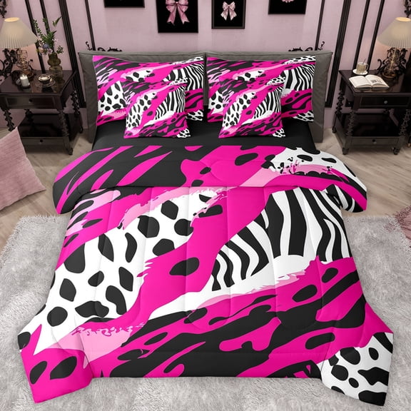Manfei Leopard Cheetah Print Twin Bedding Sets 7-Piece for Kids, Zebra Stripes Bedding Comforter Set, Black Pink Abstract Reversible Sheet Sets, Microfiber Bedroom Decor