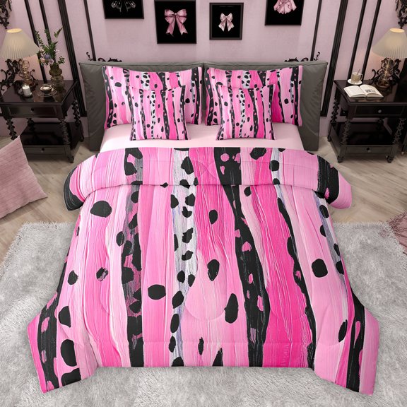 Homewish Leopard Cheetah Print Twin Bedding Sets 7-Piece for Teen, Modern Fashion Bedding Comforter Set, Chic Stripes Polkadots Reversible Sheet Sets, Lightweight Room Decor