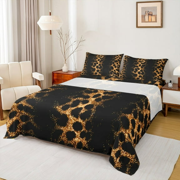 Manfei Leopard Cheetah Print Twin Sheet Sets, Black Gold Glitter Twin Fitted Sheet, Modern Fashion Flat Sheet, Microfiber Bedroom Decor, 3 Pieces