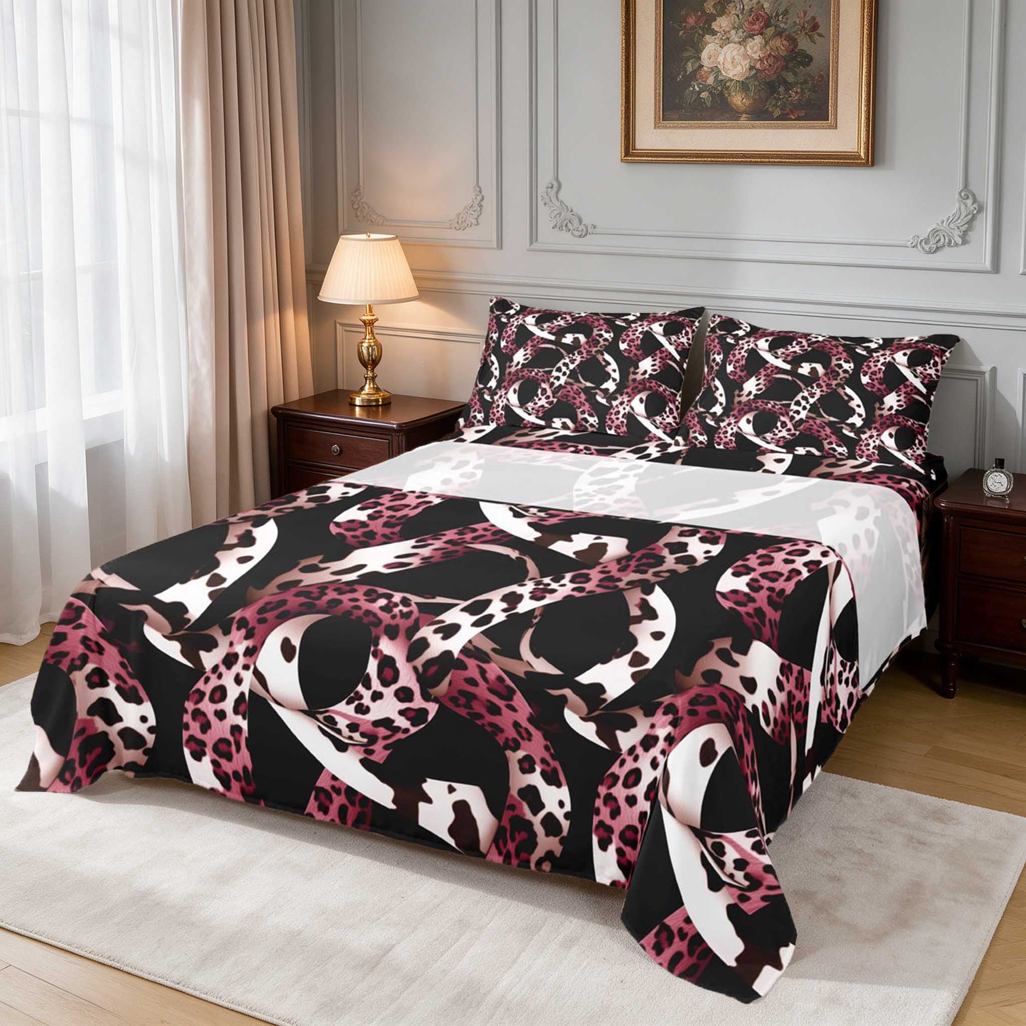 Manfei Leopard Outline Pink Queen Sheets, Line Art Mauve Queen Sheet ...