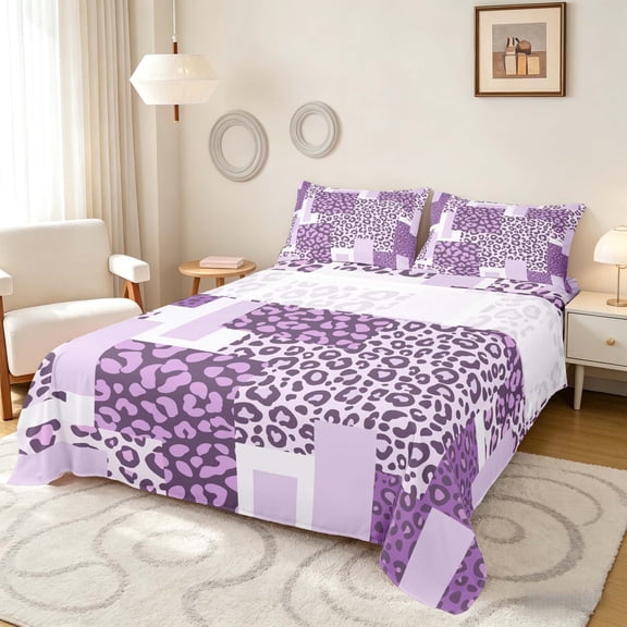 Manfei Leopard Patchwork Bed Sheets, Cheetah Print Fuul Size Sheets, Light Purple and Black, Gray Reversible 4pcs1 Flat Sheet + 1 Fitted Sheet + 2 Pillowcases