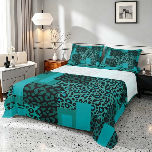 Manfei Leopard Patchwork Bed Sheets, Cheetah Print Fuul Size Sheets, Teal and Black, Black Reversible 4-Piece1 Flat Sheet + 1 Fitted Sheet + 2 Pillowcases
