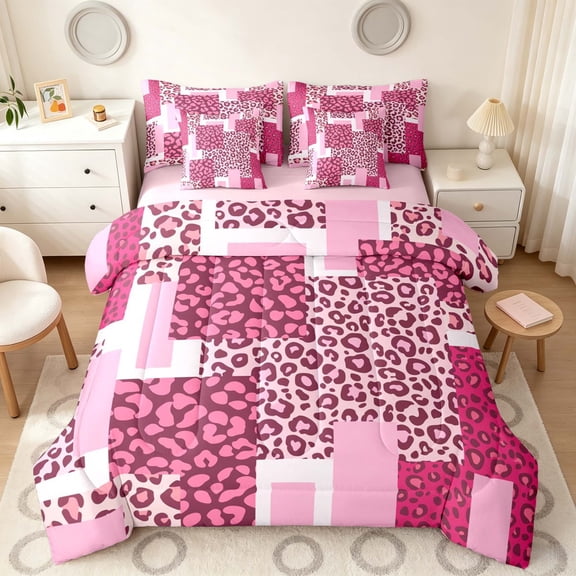 Manfei Leopard Patchwork Full Size Bedding Sets, Cheetah Print Full Size Bed in a Bag, Pink and Magenta, Pink Reversible 7pcs