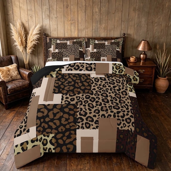 Manfei Leopard Patchwork Queen Comforter Set, Cheetah Print Comforter Sets Queen, Brown and Black, Black Reversible 3-Piece, 1 Comforter and 2 Pillowcases