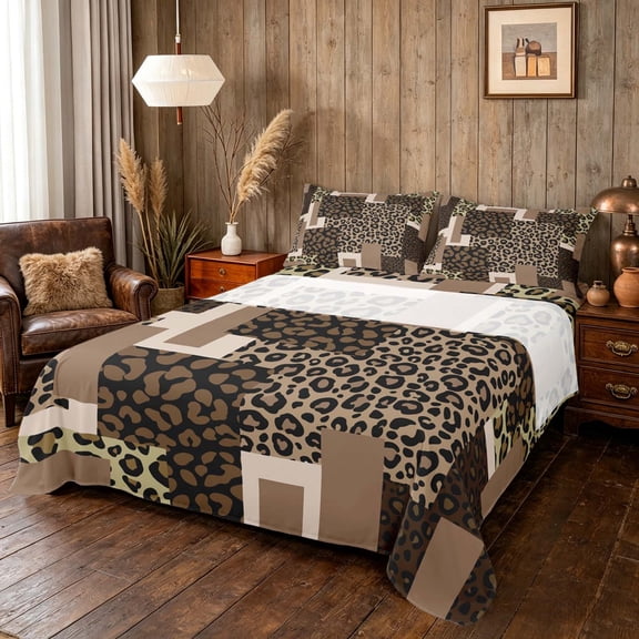 Manfei Leopard Patchwork Queen Sheets, Cheetah Print Queen Sheet Sets, Brown and Black, Black Reversible 4-Piece1 Flat Sheet + 1 Fitted Sheet + 2 Pillowcases