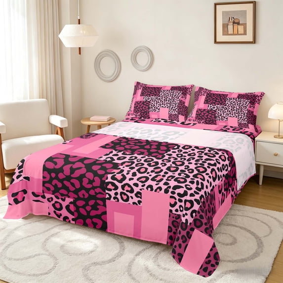 Manfei Leopard Patchwork Queen Sheets, Cheetah Print Queen Sheet Sets, Pink Black, Pink Reversible 4 Pieces1 Flat Sheet + 1 Fitted Sheet + 2 Pillowcases
