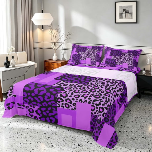 Manfei Leopard Patchwork Queen Sheets, Cheetah Print Queen Sheet Sets, Purple and Black, Black Reversible 4pcs1 Flat Sheet + 1 Fitted Sheet + 2 Pillowcases
