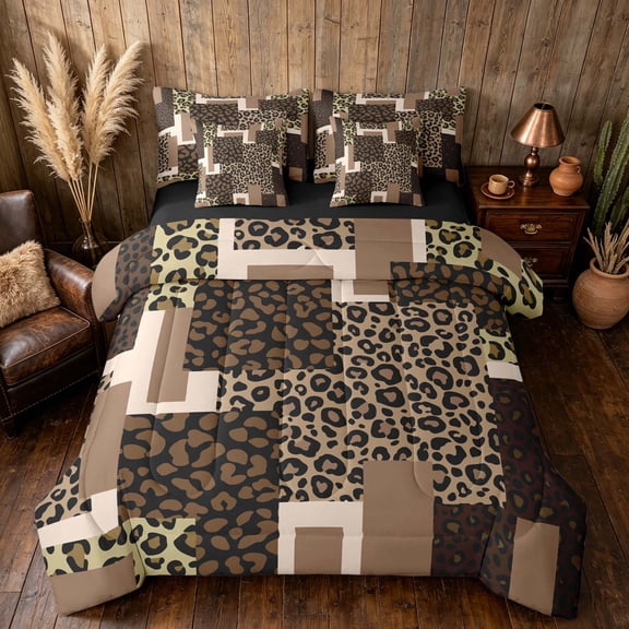 Manfei Leopard Patchwork Twin Bedding, Cheetah Print Bedding Comforter Set, Brown and Black, Black Reversible 7pcs
