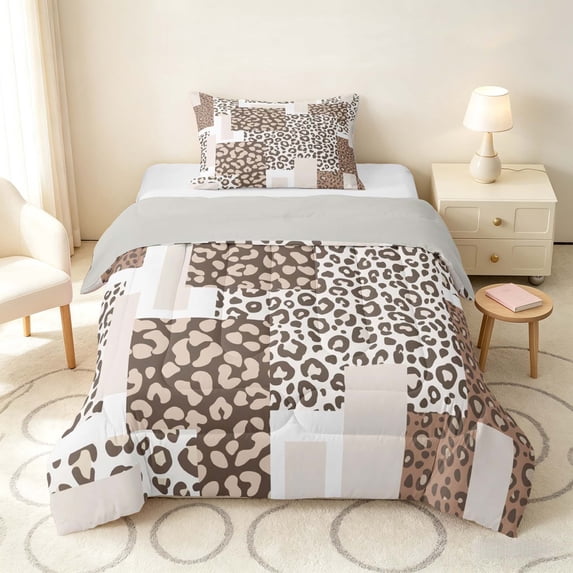 Manfei Leopard Patchwork Twin Comforter Sets, Cheetah Print Bedding Set, Beige and Black, Gray Reversible 2 Pieces, 1 Comforter and 1 Pillowcase