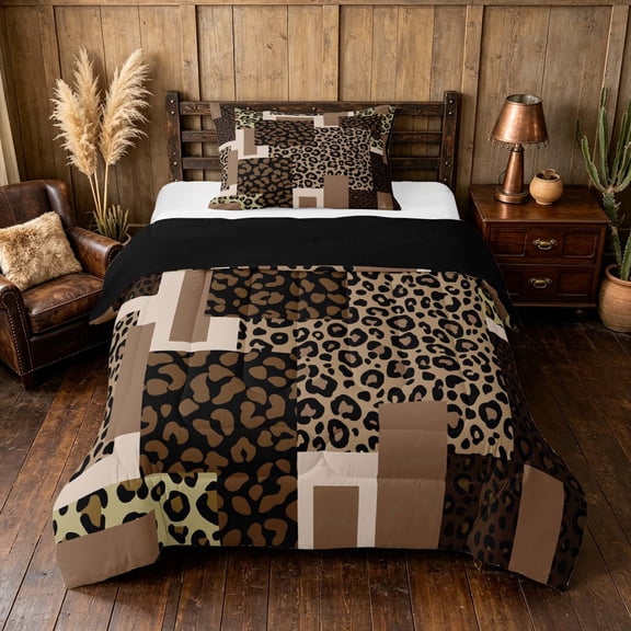 Manfei Leopard Patchwork Twin Comforter Sets, Cheetah Print Bedding Set, Brown and Black, Black Reversible 2-Piece, 1 Comforter and 1 Pillowcase