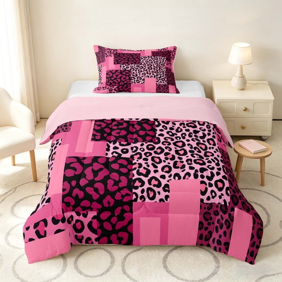 Manfei Leopard Patchwork Twin Comforter Sets, Cheetah Print Bedding Set, Pink Black, Pink Reversible 2 Pieces, 1 Comforter and 1 Pillowcase