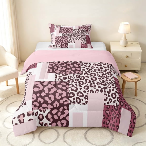Manfei Leopard Patchwork Twin Comforter Sets, Cheetah Print Bedding Set, Pink and Beige, Pink Reversible 2 Pieces, 1 Comforter and 1 Pillowcase