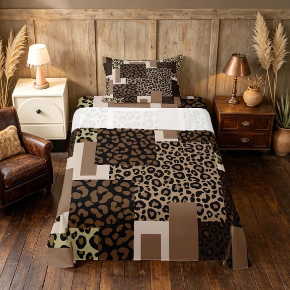 Manfei Leopard Patchwork Twin Sheets, Cheetah Print Bedding, Brown and Black, Black Reversible 3-Piece1 Flat Sheet + 1 Fitted Sheet + 1 Pillowcase