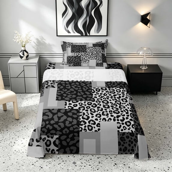 Manfei Leopard Patchwork Twin Sheets, Cheetah Print Bedding, Gray and Black, Black Reversible 3pcs1 Flat Sheet + 1 Fitted Sheet + 1 Pillowcase