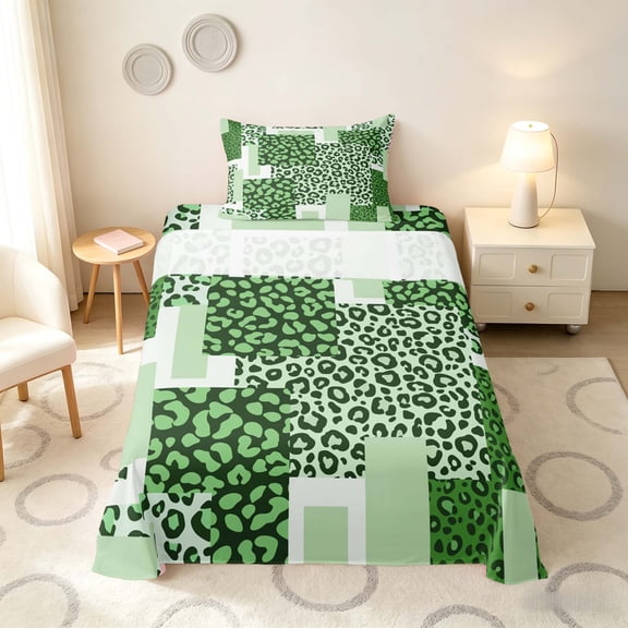 Manfei Leopard Patchwork Twin Sheets, Cheetah Print Bedding, Green and Black, Gray Reversible 3 Pieces1 Flat Sheet + 1 Fitted Sheet + 1 Pillowcase