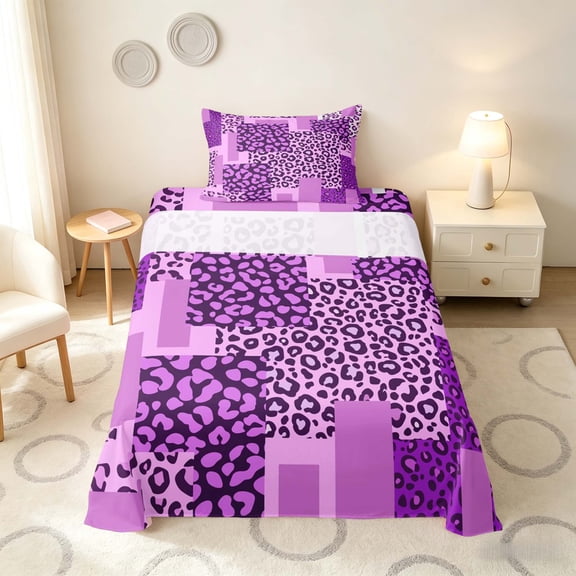 Manfei Leopard Patchwork Twin Sheets, Cheetah Print Bedding, Pink and Purple, Gray Reversible 3pcs1 Flat Sheet + 1 Fitted Sheet + 1 Pillowcase