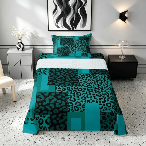 Manfei Leopard Patchwork Twin Sheets, Cheetah Print Bedding, Teal and Black, Black Reversible 3-Piece1 Flat Sheet + 1 Fitted Sheet + 1 Pillowcase