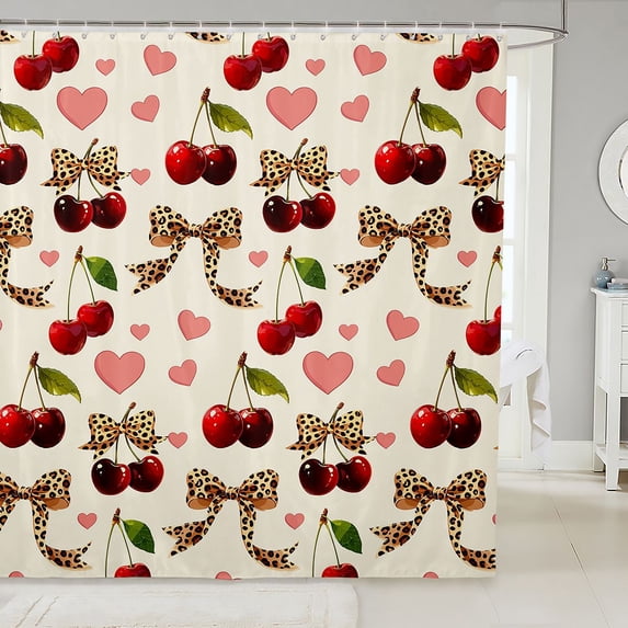 Manfei Leopard Pattern Bows Shower Curtain 72Wx72L,Red Sweet Cherry Bathroom Curtain