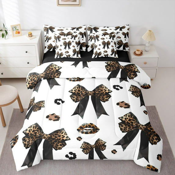 Manfei Leopard Pattern Bowtie Twin Bedding Sets 7-Piece,Cute Bow Bowknot Bedding Comforter Set,Brown White Sheet Sets For Girls,Ultra Soft Home Decor,Reversible