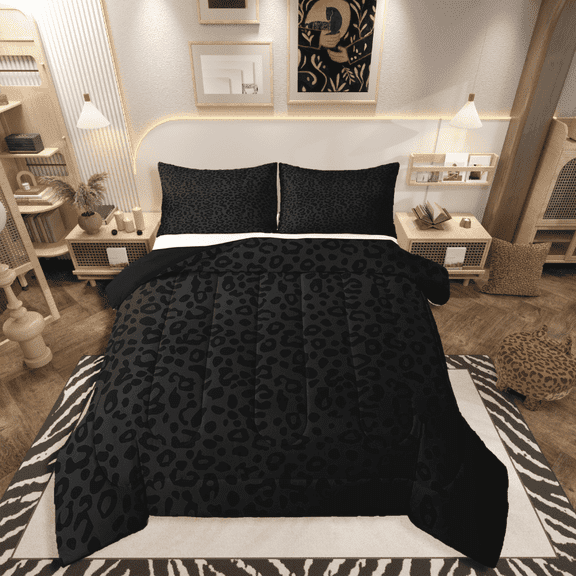 Manfei Leopard Print 2pcs Bedding Comforter Set,Animal Wildlife Twin Comforter Sets,Black Grey Bedding Set,Breathable Abstract Room Decorative,Reversible
