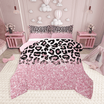 Manfei Leopard Print 2pcs Bedding Comforter Set,Sequin Print Twin Comforter Sets,Black Teal Breathable Bedding Set,Breathable Abstract Room Decor,Reversible