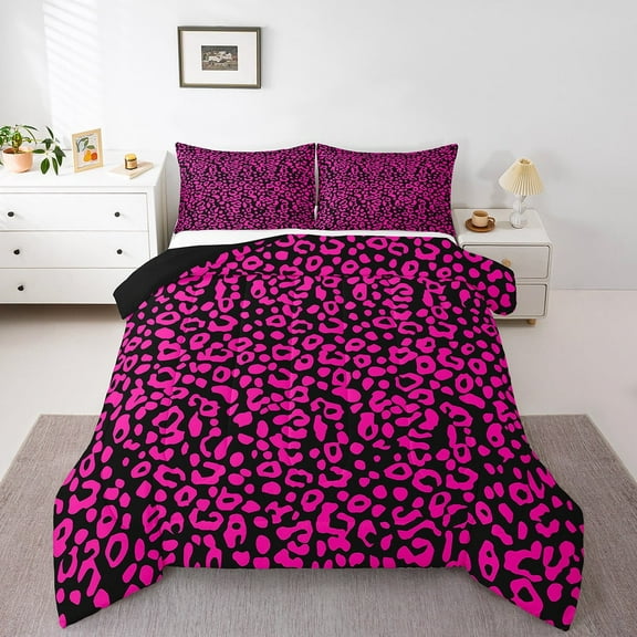 Manfei Leopard Print 3-Piece Full Size Comforter Sets,Animal Wildlife Bedding Comforter Set,Black Pink Bedding Sets,Breathable Abstract Room Decorative,Reversible