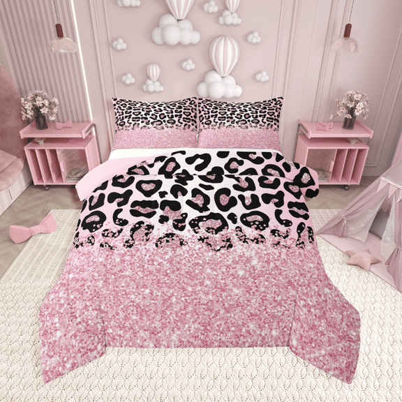 Manfei Leopard Print 3-Piece Full Size Comforter Sets,Sequin Print Bedding Comforter Set,Black Teal Lightweight Bedding Sets,Breathable Abstract Room Decor,Reversible