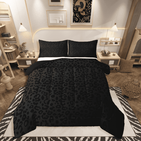 Manfei Leopard Print 3 Pieces Queen Comforter Set,Animal Wildlife Bedding Sets,Black Grey Bedding Comforter Set,Breathable Abstract Room Decorative,Reversible