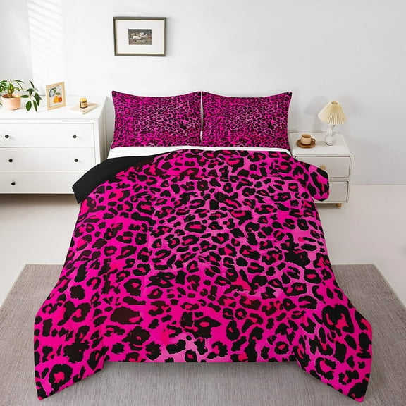 Manfei Leopard Print 3 Pieces Queen Comforter Set,Black Pink Bedding Sets,Animal Print Bedding Comforter Set,Microfiber Abstract Bedroom Decoration,Reversible