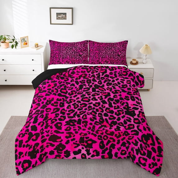 Manfei Leopard Print 3 Pieces Queen Comforter Set,Black Pink Bedding Sets,Animal Print Bedding Comforter Set,Microfiber Abstract Bedroom Decoration,Reversible
