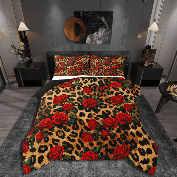 Manfei Leopard Print 3 Pieces Queen Comforter Set,Red Rose Bedding Sets,Flower Animal Bedding Comforter Set,Ultra Soft Floral Room Decor,Reversible