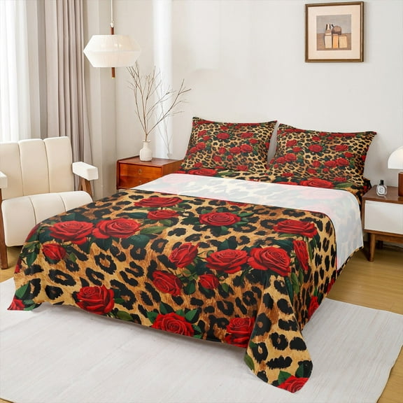 Manfei Leopard Print 3pcs Twin Sheet Sets,Red Rose Twin Fitted Sheet,Flower Animal Breathable Flat Sheet,Floral Room Decor